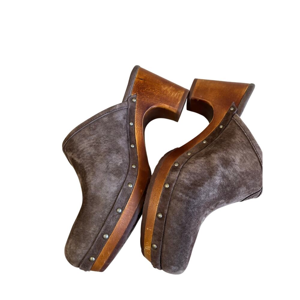 UGG Tan Suede Wooden Heel Clogs Boho Cozy Fall Comfort Shoes Size 7 - Picture 6 of 10